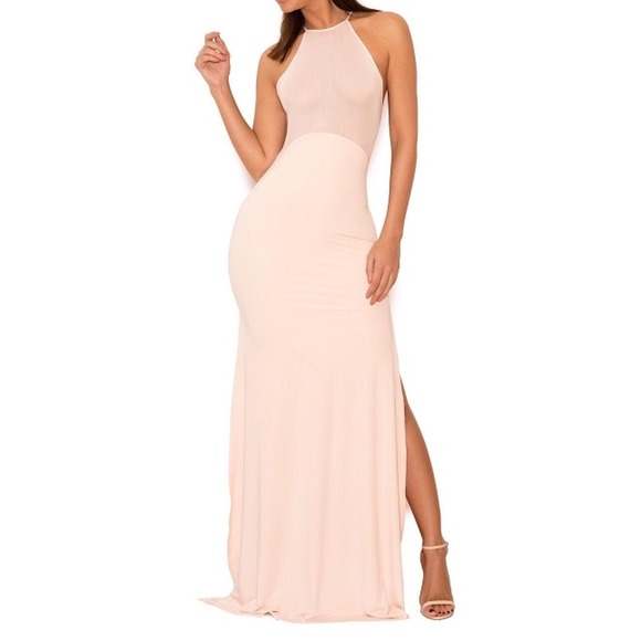 House of CB Aurelia Dress Maxi Thigh Slit Mesh Stretch Pink Size Small FLAW - Picture 2 of 12